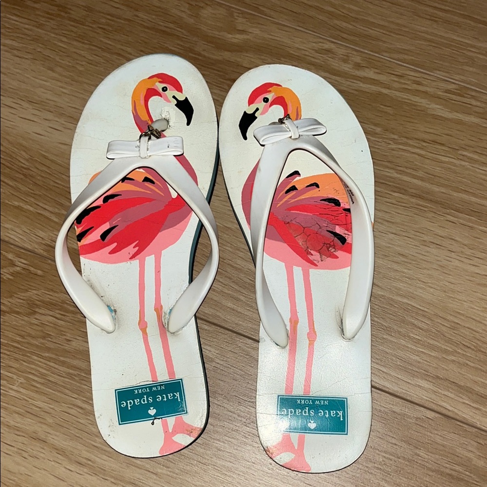 kate spade White Flip Flops with Flamingo Graphic